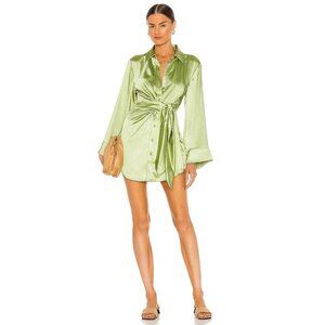 SONG OF STYLE Marta Pistachio Green Satin Mini Kimono Tie Shirt Dress, Size L